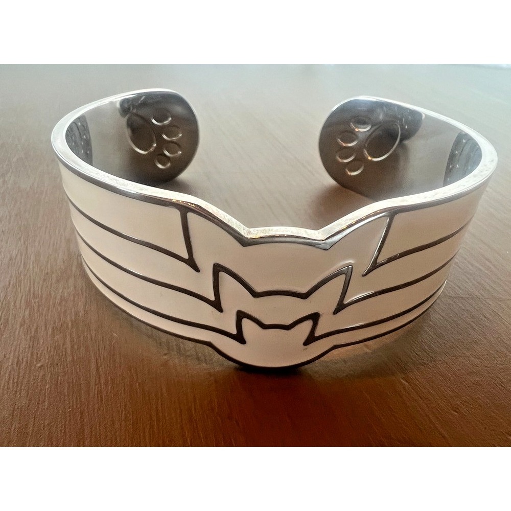 Cat Cuff Bracelet White Ivory Enamel Silver Tone Wide Kitty Paw Print Open Cuff‎